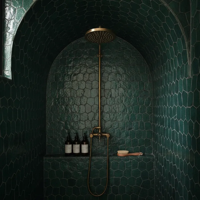 dark green bathroom with brass fixtures